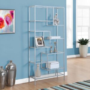 Silver Tempered Glass 72″ Bookcase – Stylish Display Shelves