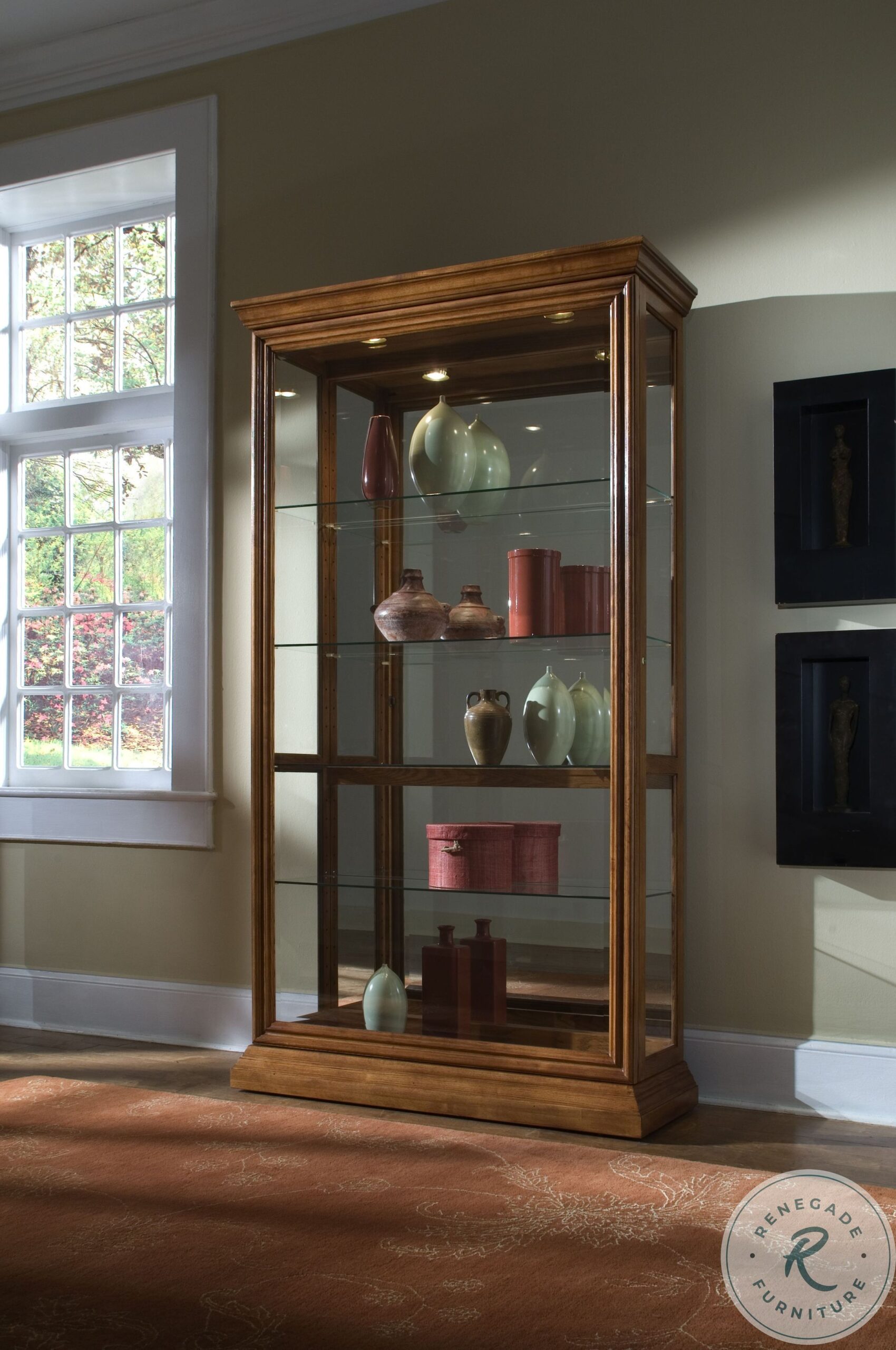 20544 Warm Oak Two-Way Sliding Door Curio Cabinet with Adjustable Shelves