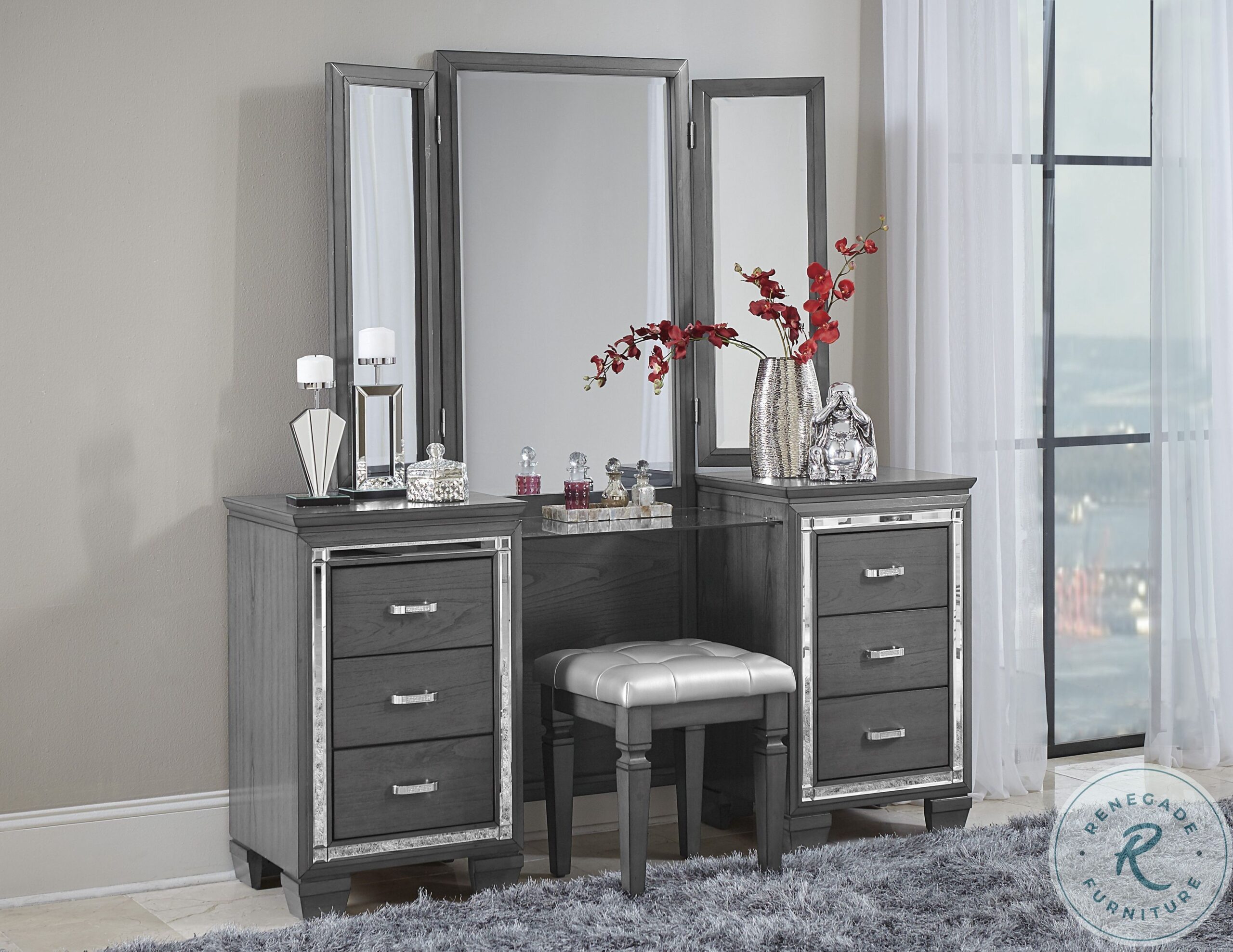 Allura Gray Vanity with Mirror and Optional Stool