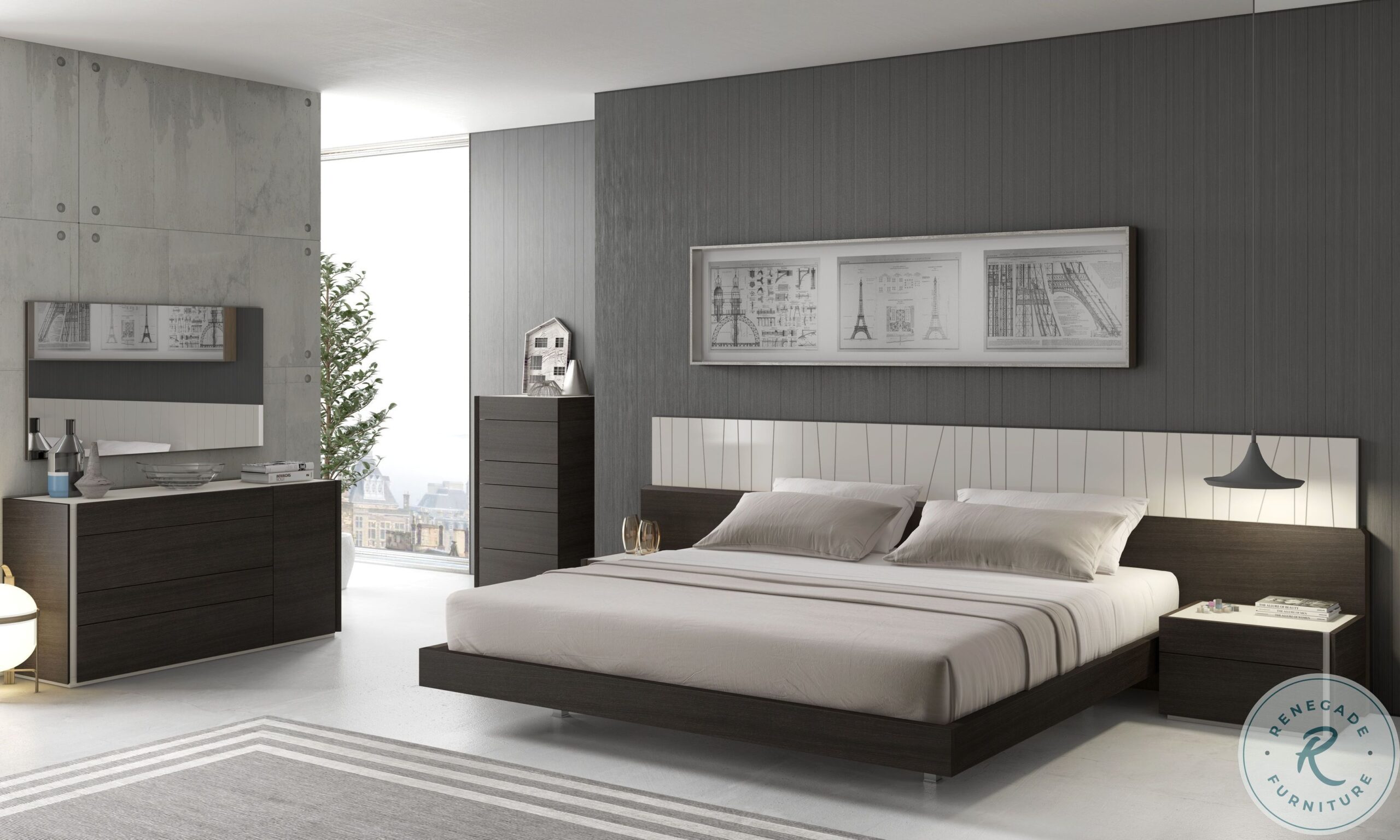Porto Light Grey and Wenge Platform Bedroom Set with LED Headboard and Storage